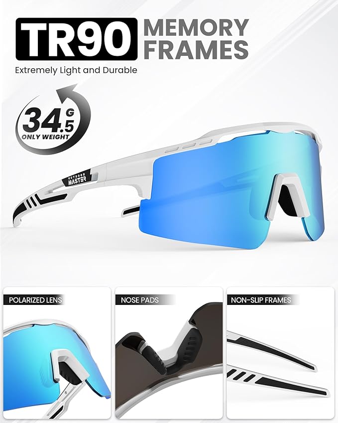 OutdoorMaster Hawk II Polarized Sports Sunglasses for Men Women, TAC 100% UV400 Protection TR90 Frame Cycling Sunglasses, Baseball Running Fishing Golf Glasses-White Frame+revo Blue Cat.3