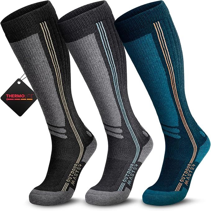OutdoorMaster Thermolite Merino Wool Ski Socks, Compression Thermal - Pack