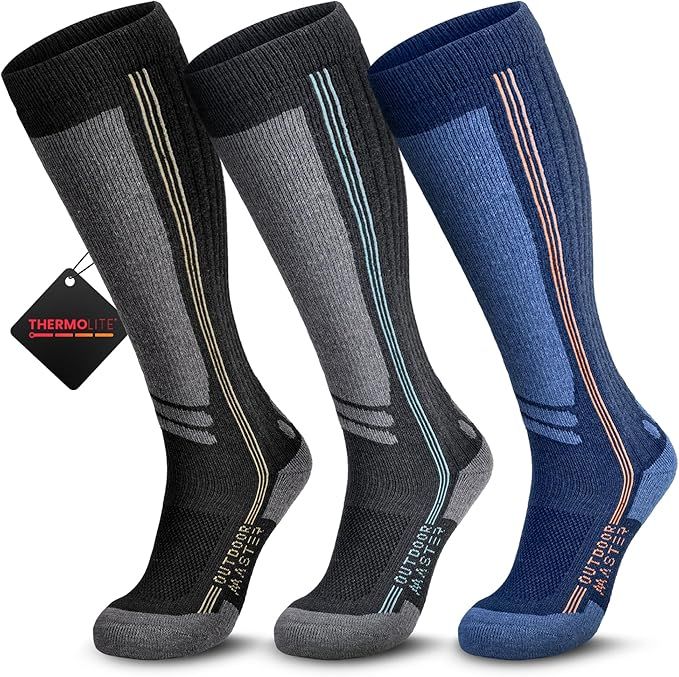 OutdoorMaster Thermolite Merino Wool Ski Socks, Compression Thermal - Pack