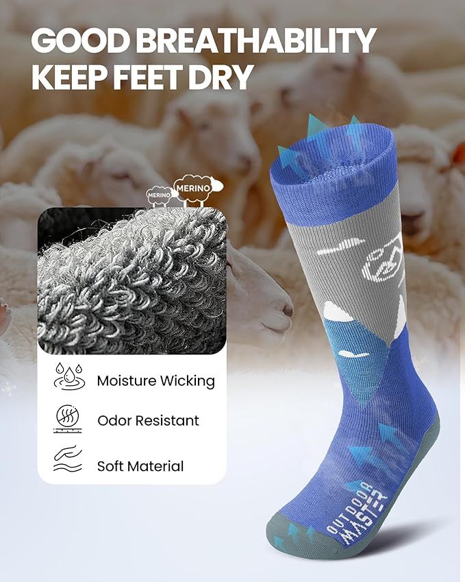 OutdoorMaster Merino Wool Ski Socks for Kids Boys & Girls Thermal Winter Warm