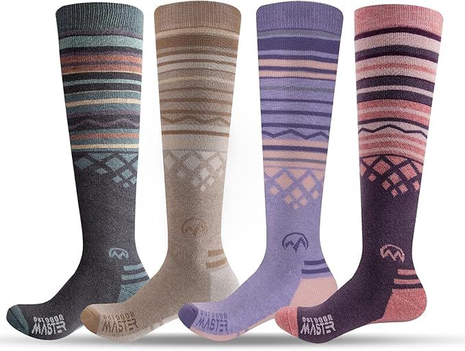 OutdoorMaster Ski Socks 4 - Pack Merino Wool, Over - Slip Cuff for Men & Women