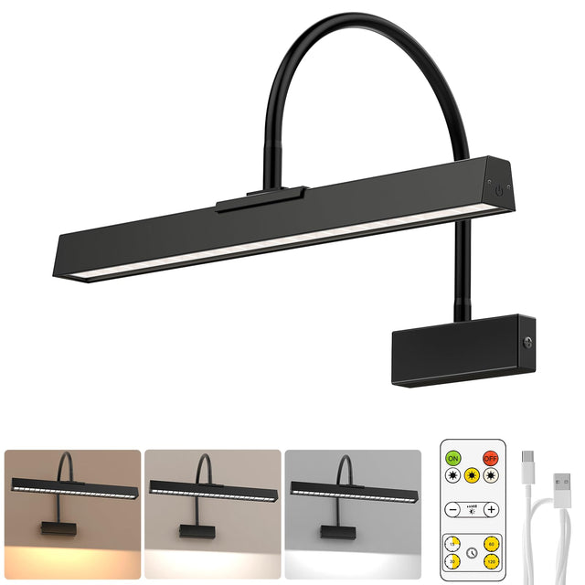 - Black Art Light, Battery Operated Picture Light with 3 CCT, Dimmable and Time