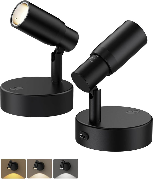 Zoomable Spot Lights Indoor Rechargeable Light 6000mAh Sofa Corner Black 2Pack