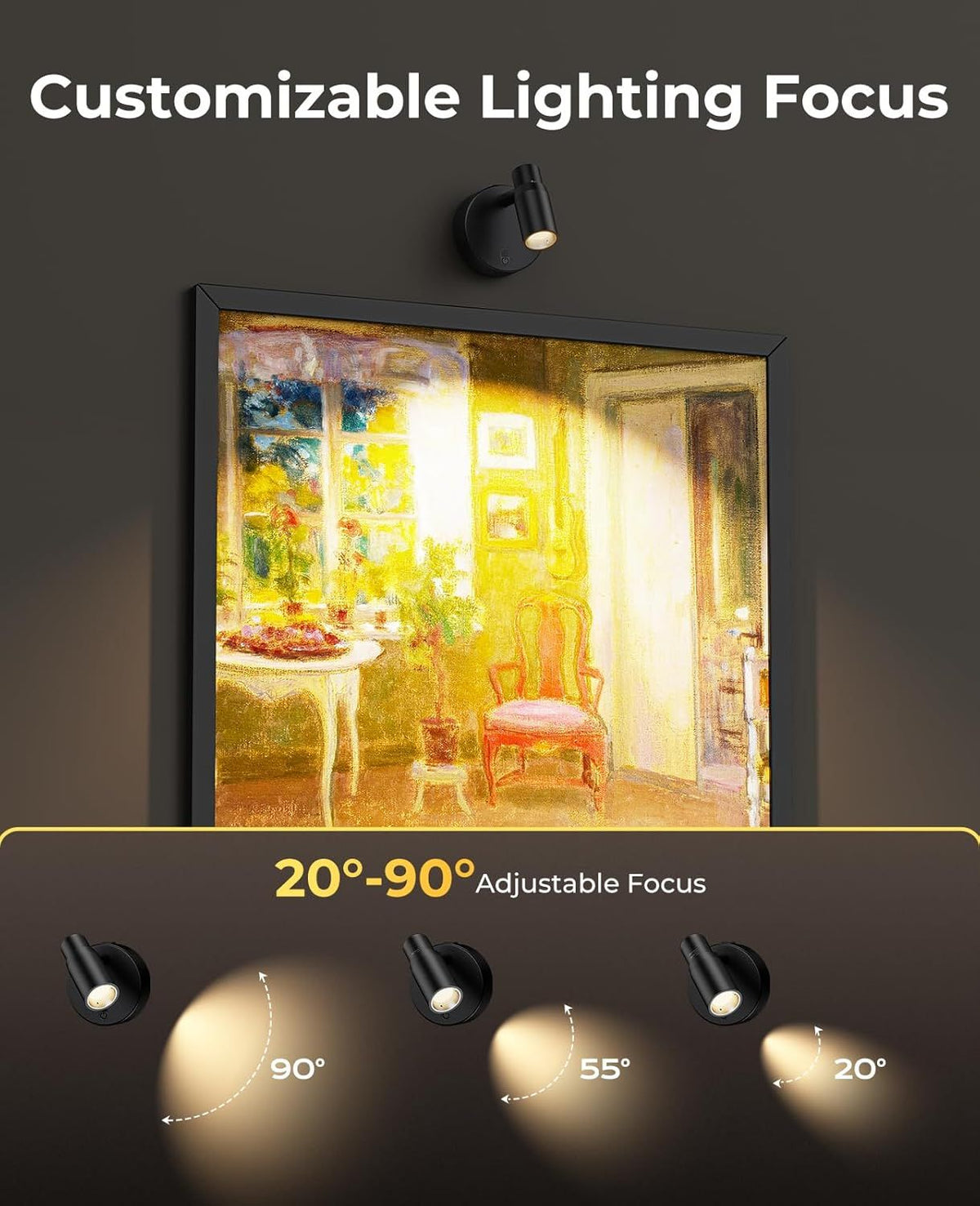 Zoomable Spot Lights Indoor, Rechargeable Picture Light with Remote, Dimmable CCT Spotlight for Wall Art, 6000mAh Uplights with Timer for Plant Artwork Painting Sofa Corner Black 2Pack
