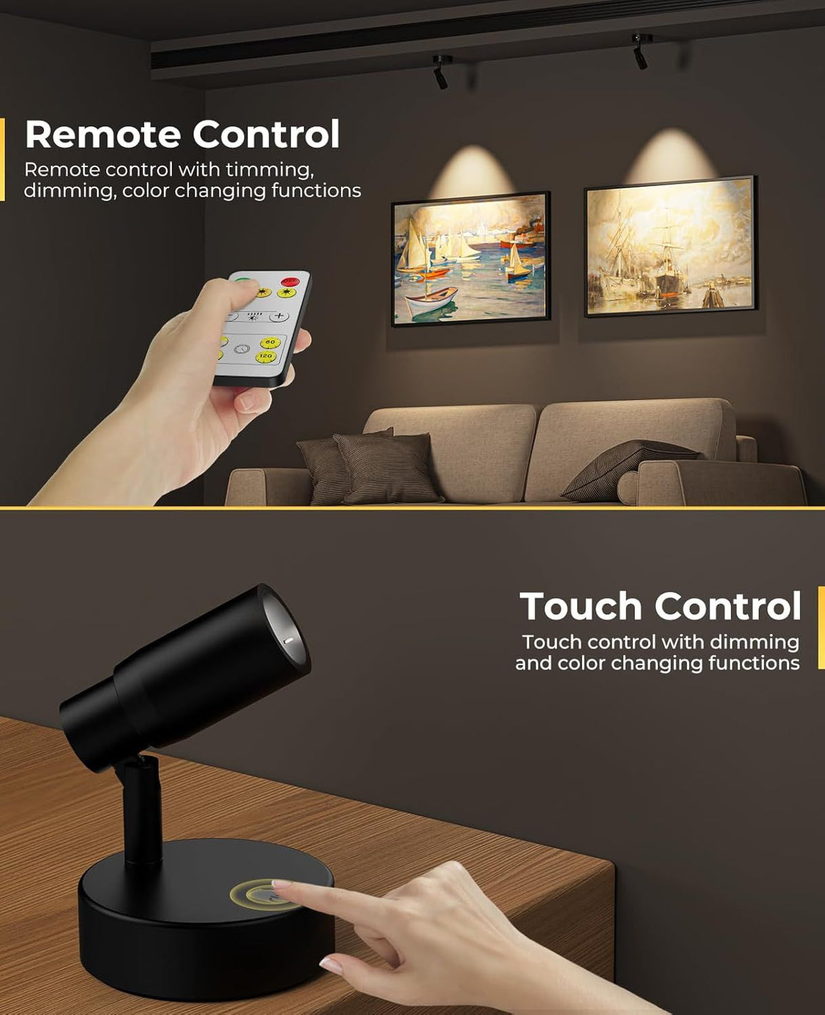 Zoomable Spot Lights Indoor, Rechargeable Picture Light with Remote, Dimmable CCT Spotlight for Wall Art, 6000mAh Uplights with Timer for Plant Artwork Painting Sofa Corner Black 2Pack