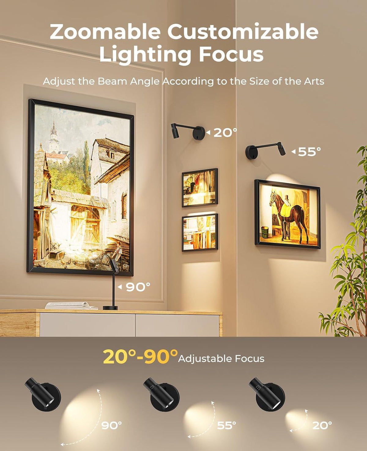 Zoomable Picture Light for Wall, Battery Operated Art Light for Paintings CCT Dimmable Spotlight for Wall Art Wall Light with Remote Control for Living Room Gallery Dartboard Bathroom