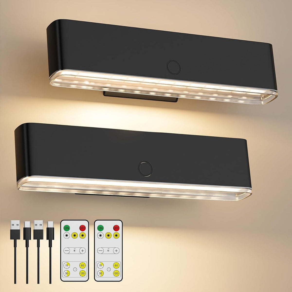 Battery Operated Wall Sconce Set of 2 Wireless Wall Lamp with Remote Control & Touch Control Rechargeable LED Wall Lights 3 Color Temperatures 360° Rotatable for Bedroom Living Room Black