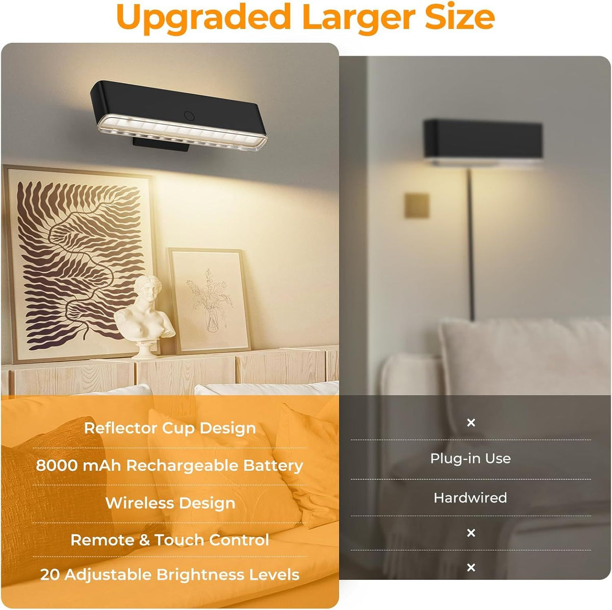 Battery Operated Wall Sconce Set of 2 Wireless Wall Lamp with Remote Control & Touch Control Rechargeable LED Wall Lights 3 Color Temperatures 360° Rotatable for Bedroom Living Room Black