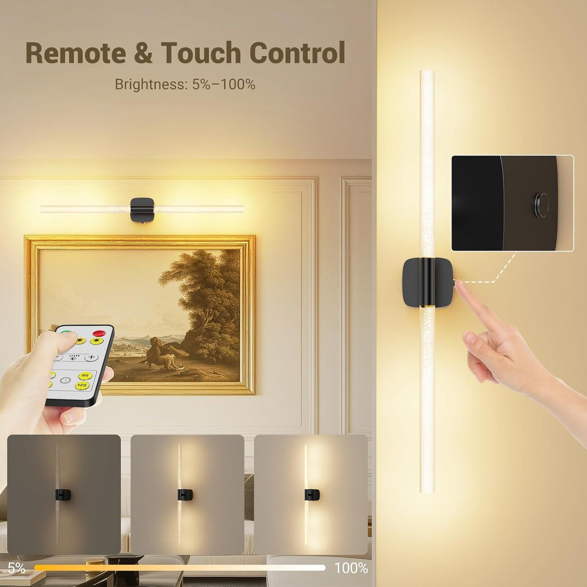 Black Battery Operated Wall Sconce Set of 2, Rechargeable Wireless Wall Lights with Remote and Touch, 360° Rotatable Sconces Wall Decor for Bedroom Living Room (23.62 Inch, 2-Pack)