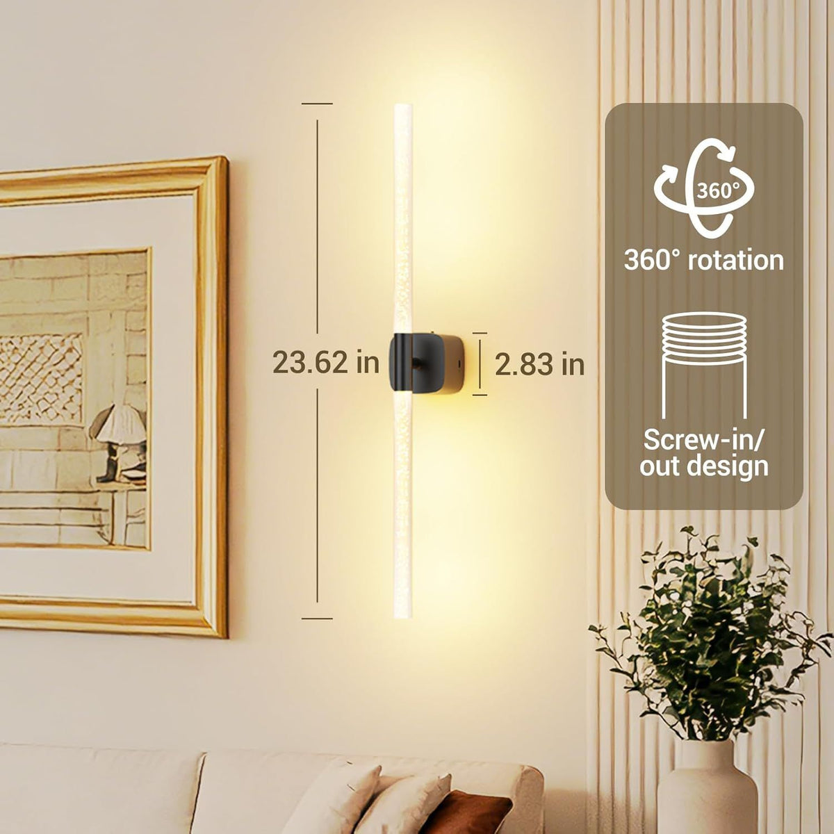 Black Battery Operated Wall Sconce Set of 2, Rechargeable Wireless Wall Lights with Remote and Touch, 360° Rotatable Sconces Wall Decor for Bedroom Living Room (23.62 Inch, 2-Pack)