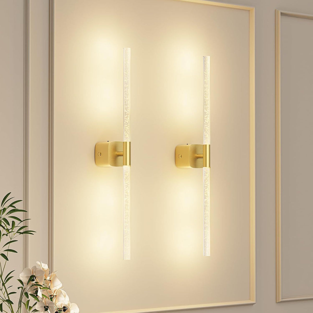 Gold Battery Operated Wall Sconce Set of 2, Rechargeable Wireless Wall Lights with Remote and Touch, 360° Rotatable Sconces Wall Decor for Bedroom Living Room (23.62 Inch, 2-Pack)