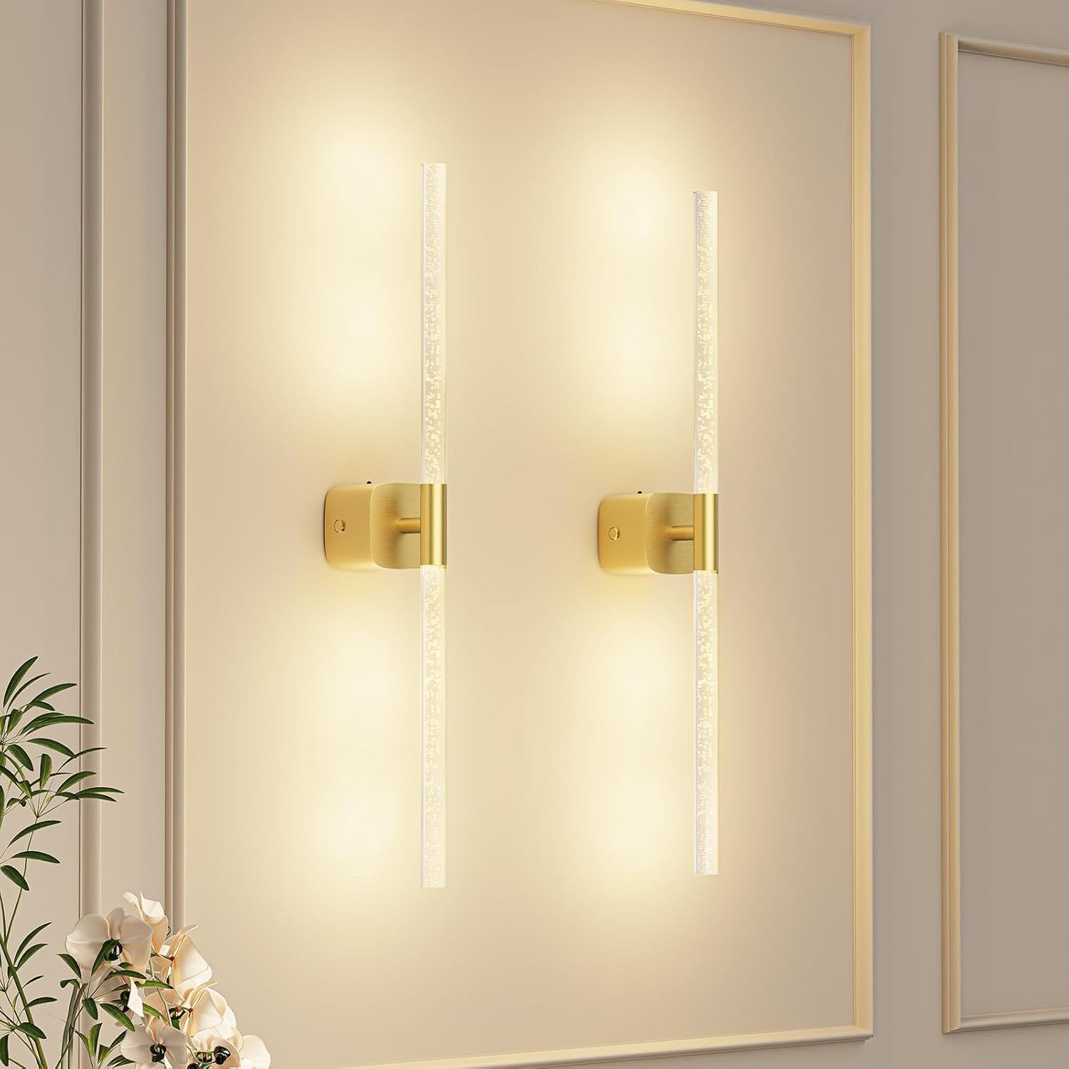 Gold Battery Operated Wall Sconce Set of 2, Rechargeable Wireless Wall Lights with Remote and Touch, 360° Rotatable Sconces Wall Decor for Bedroom Living Room (23.62 Inch, 2-Pack)
