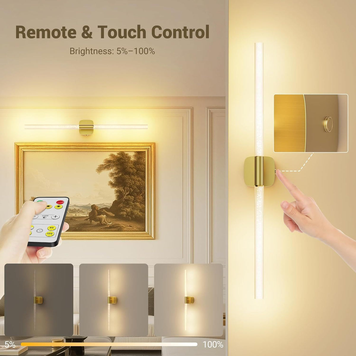 Gold Battery Operated Wall Sconce Set of 2, Rechargeable Wireless Wall Lights with Remote and Touch, 360° Rotatable Sconces Wall Decor for Bedroom Living Room (23.62 Inch, 2-Pack)