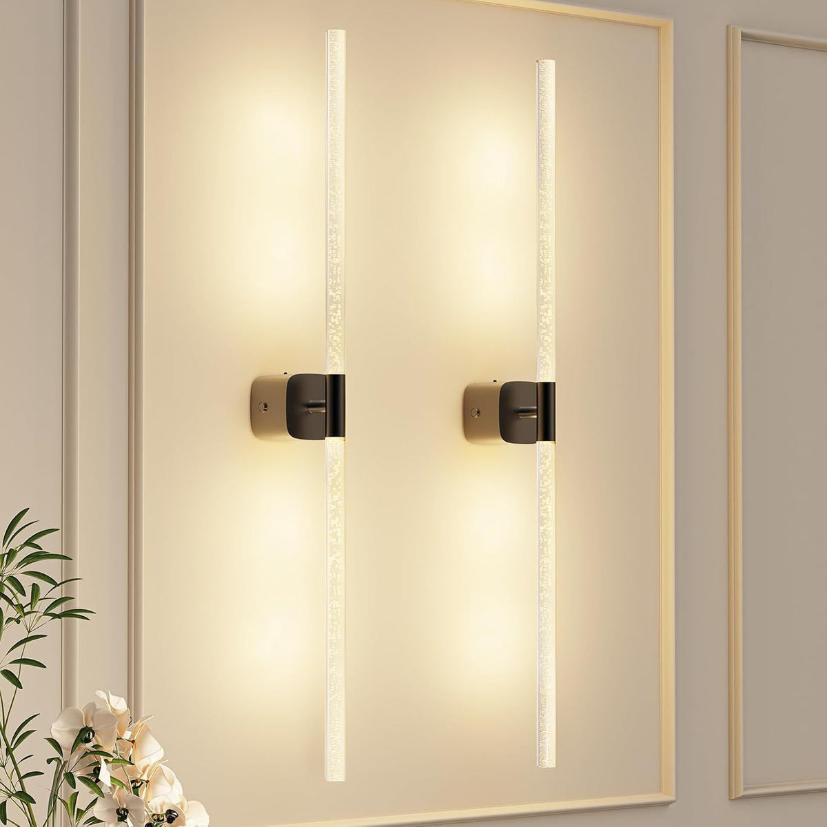 Black Battery Operated Wall Sconce Set of 2, Rechargeable Wireless Wall Lights with Remote and Touch, 360° Rotatable Sconces Wall Decor for Bedroom Living Room (31.49 Inch, 2-Pack)
