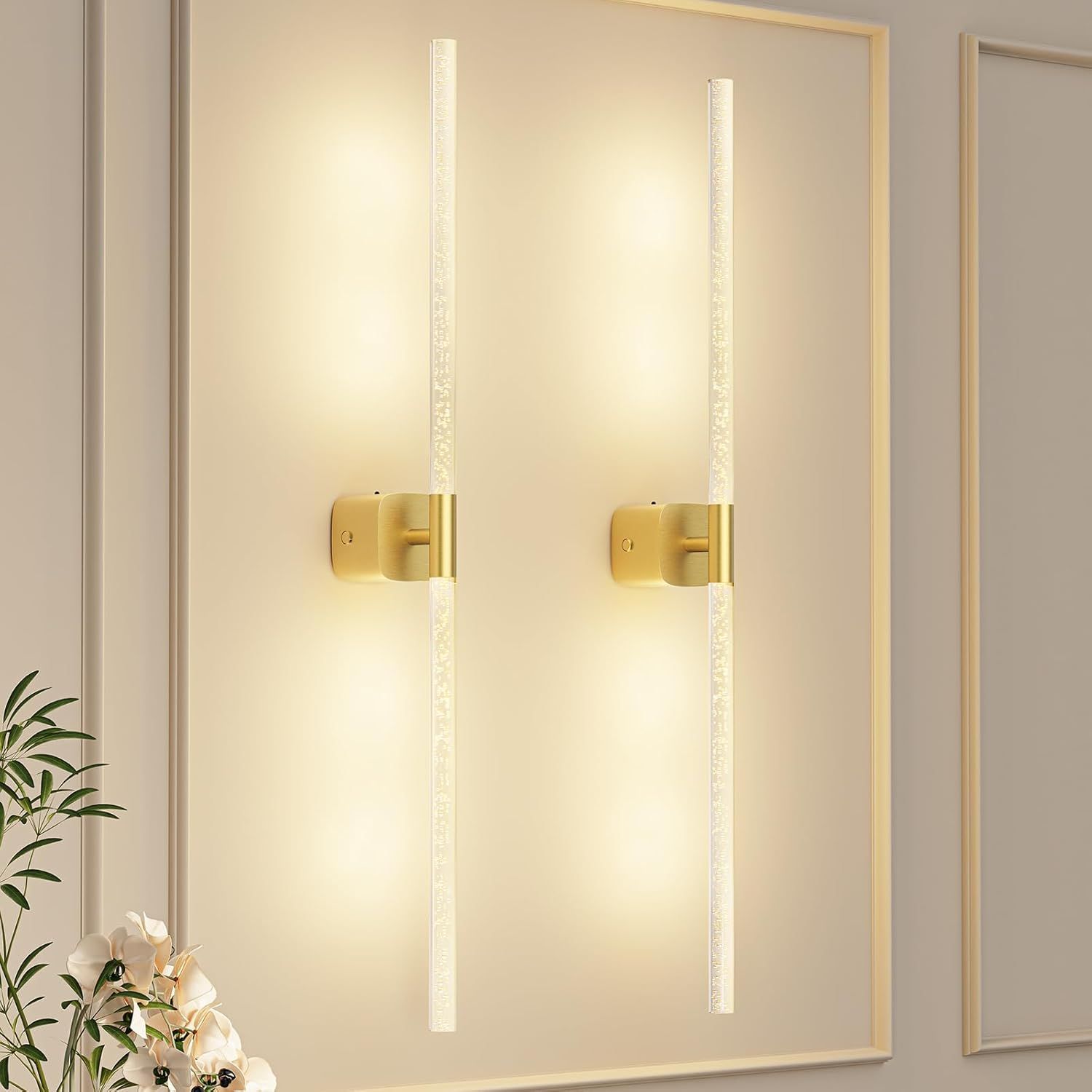 Gold Battery Operated Wall Sconce Set of 2, Rechargeable Wireless Wall Lights with Remote and Touch, 360° Rotatable Sconces Wall Decor for Bedroom Living Room (31.49 Inch, 2-Pack)