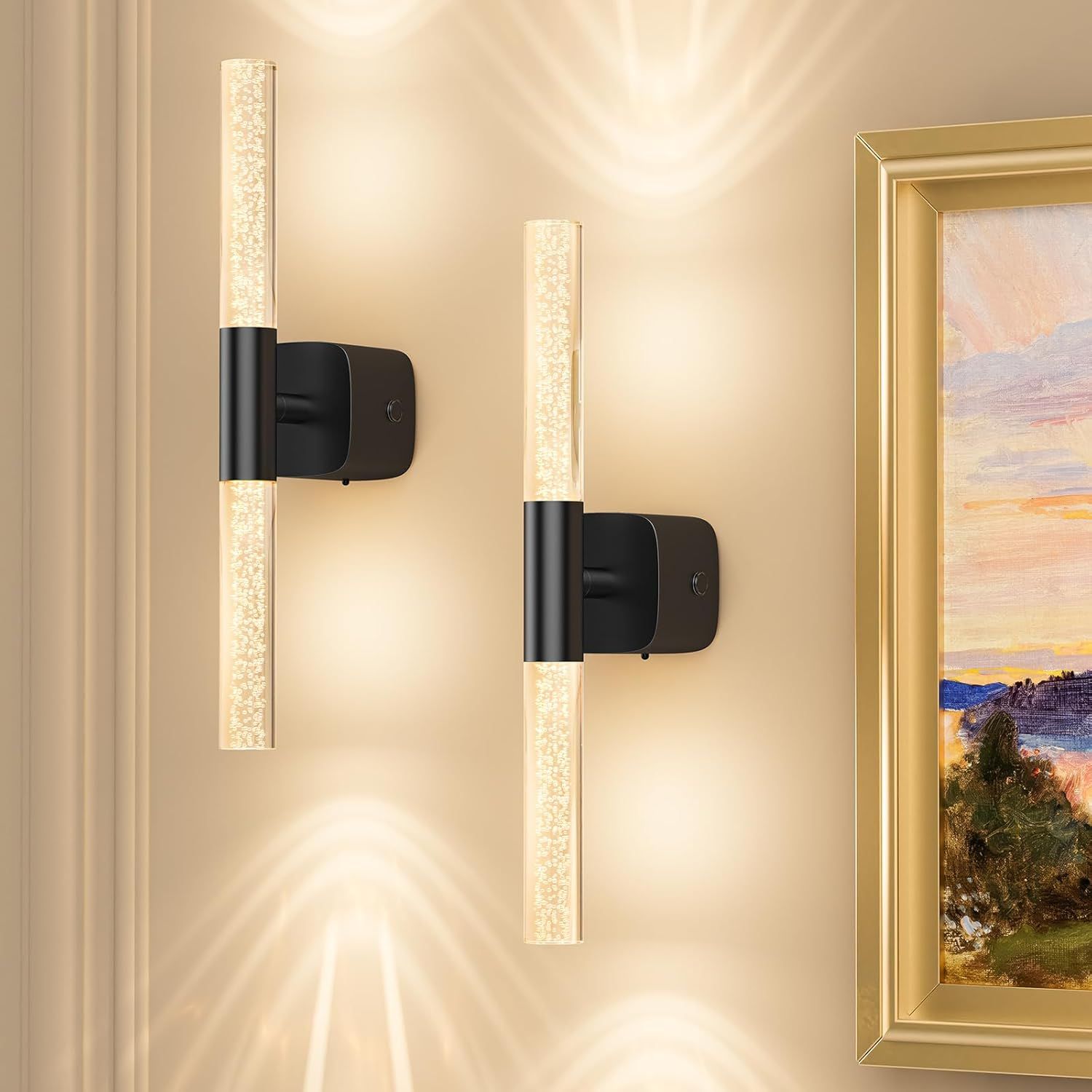 Battery Operated Wall Sconce Set of 2 Black Rechargeable Crystal Sconce Wall Decor Set of 2 with 12000mAh 16" CCT Dimmable 350° Rotate Remote Wireless Wall Light for Bedroom Living Room