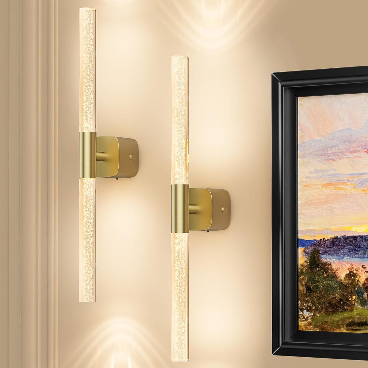 Battery Operated Wall Sconce Set of 2 Brushed Gold 12000mAh Rechargeable Wall Light with Crystal Acrylic 24" Wireless CCT Dimmable 350°Rotate Remote Wall Lamp for Bedroom Living Room