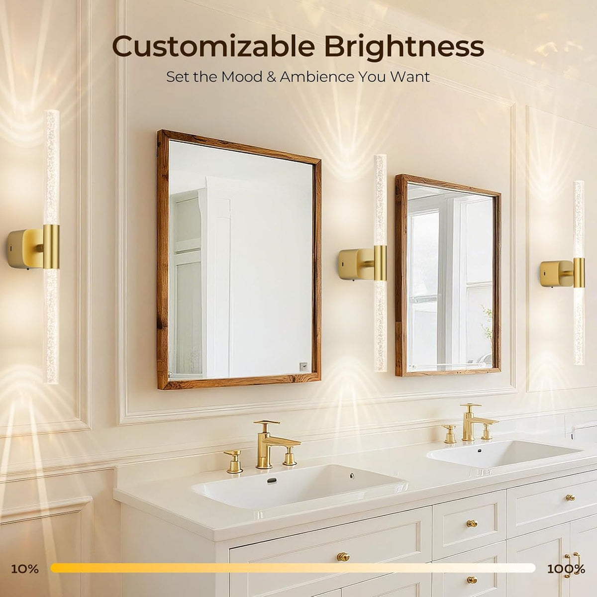 Battery Operated Wall Sconce Set of 2 Brushed Gold 12000mAh Rechargeable Wall Light with Crystal Acrylic 24" Wireless CCT Dimmable 350°Rotate Remote Wall Lamp for Bedroom Living Room