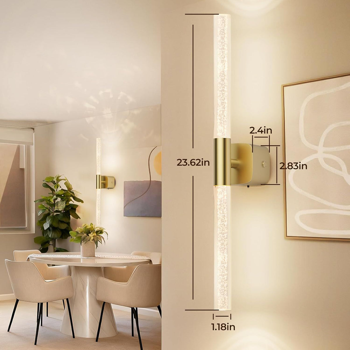 Battery Operated Wall Sconce Set of 2 Brushed Gold 12000mAh Rechargeable Wall Light with Crystal Acrylic 24" Wireless CCT Dimmable 350°Rotate Remote Wall Lamp for Bedroom Living Room