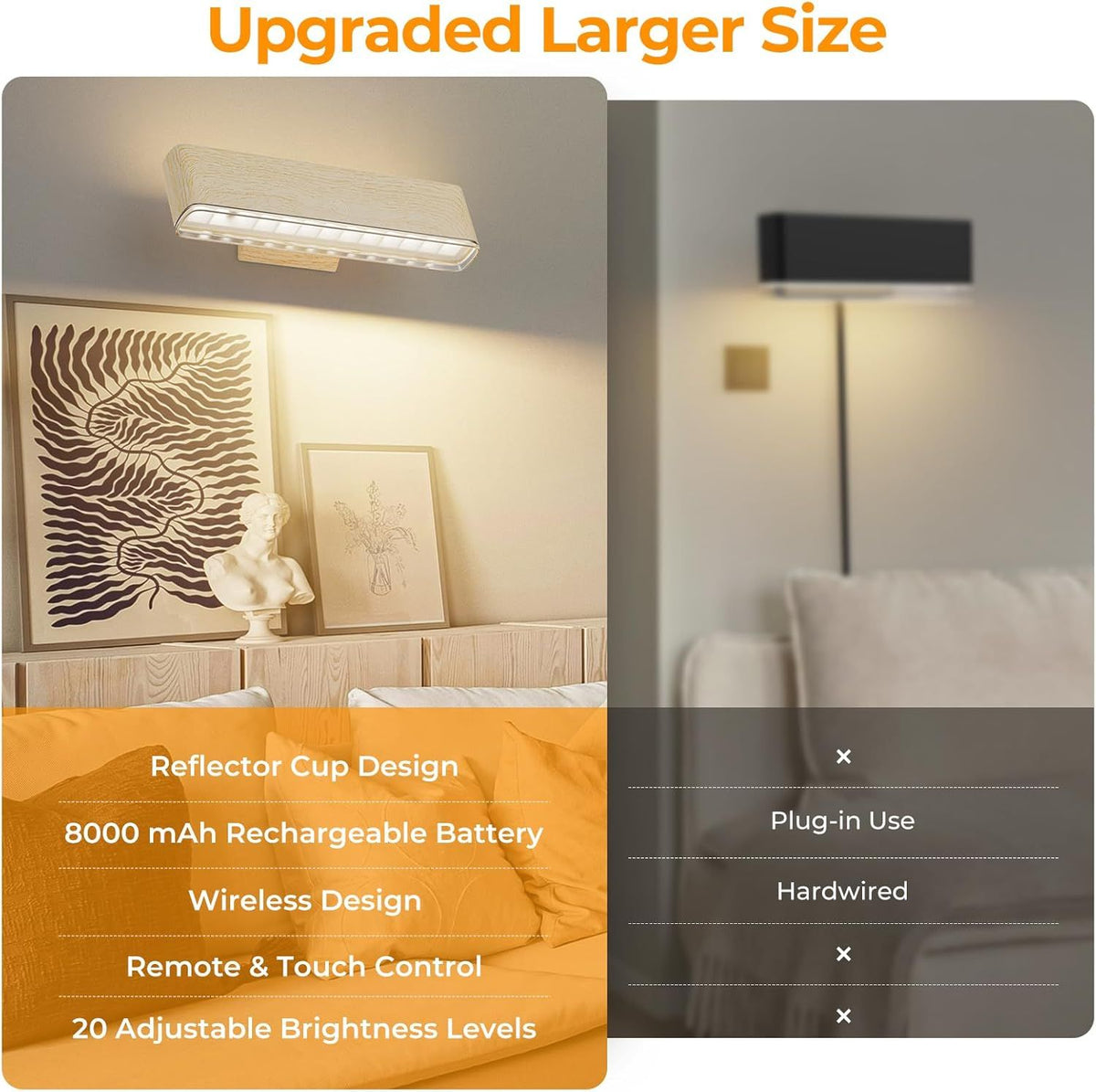 Magnetic Wireless Battery Operated Wall Sconce, Rechargeable Remote Control & Touch Control Wall Sconces Set of Two, 3-Color Temperatures LED Wall Lights, 360° Rotatable (Beech, 2-Pack)