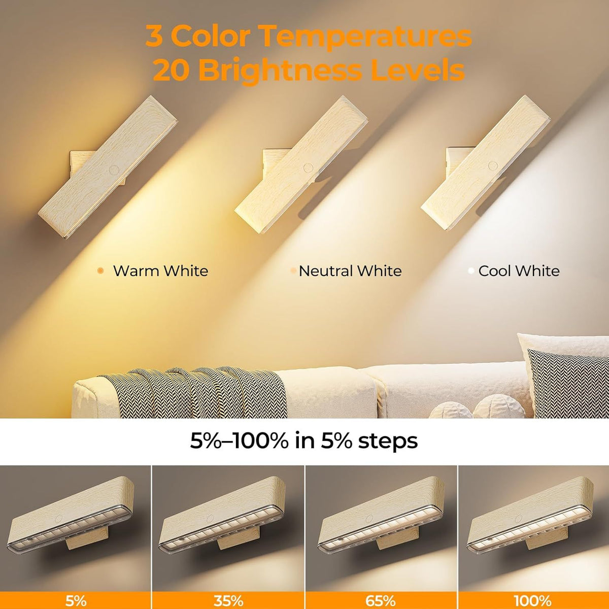 Magnetic Wireless Battery Operated Wall Sconce, Rechargeable Remote Control & Touch Control Wall Sconces Set of Two, 3-Color Temperatures LED Wall Lights, 360° Rotatable (Beech, 2-Pack)