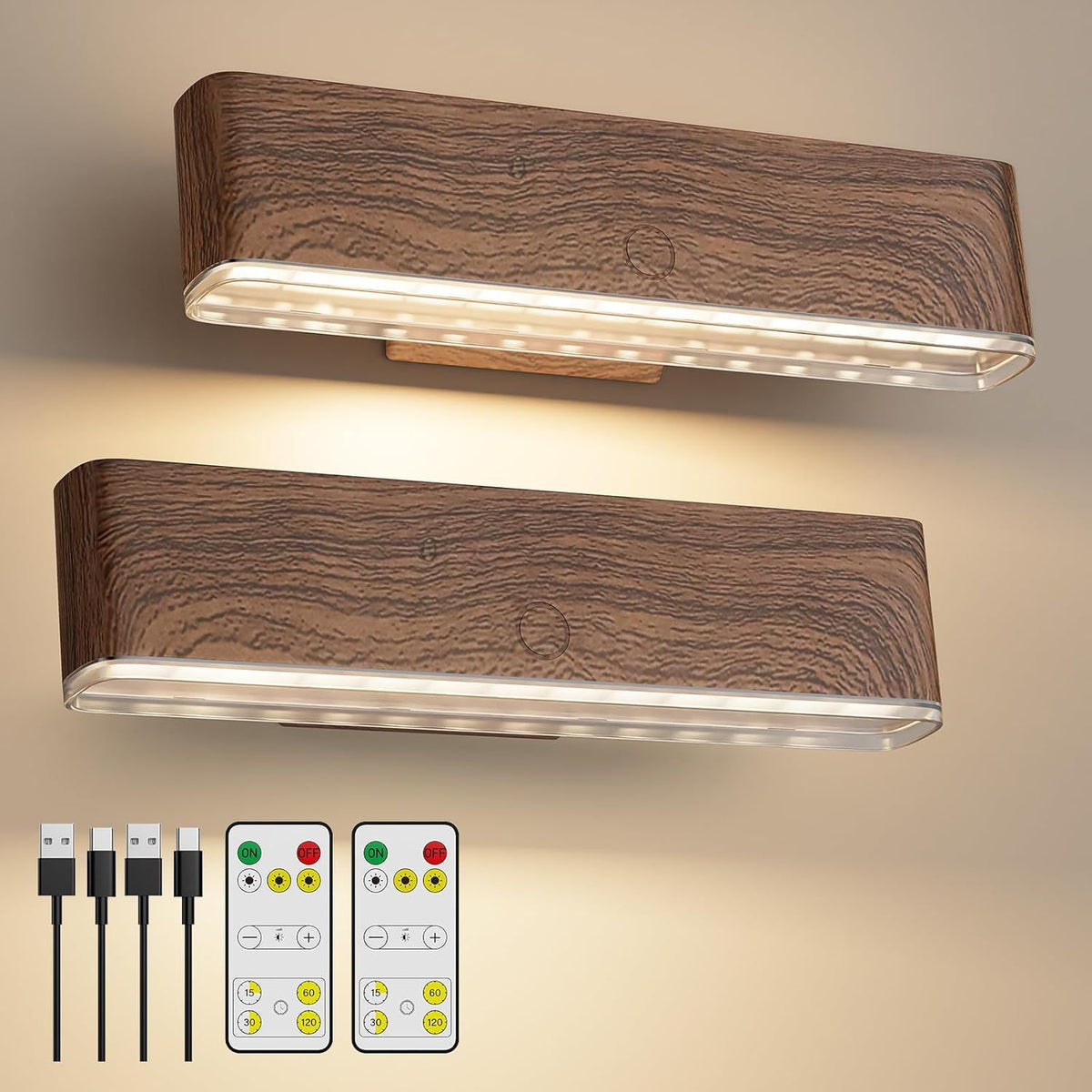 Magnetic Wireless Battery Operated Wall Sconce, Rechargeable Remote Control & Touch Control Wall Sconces Set of Two, 3-Color Temperatures LED Wall Lights, 360° Rotatable (Walnut, 2-Pack)