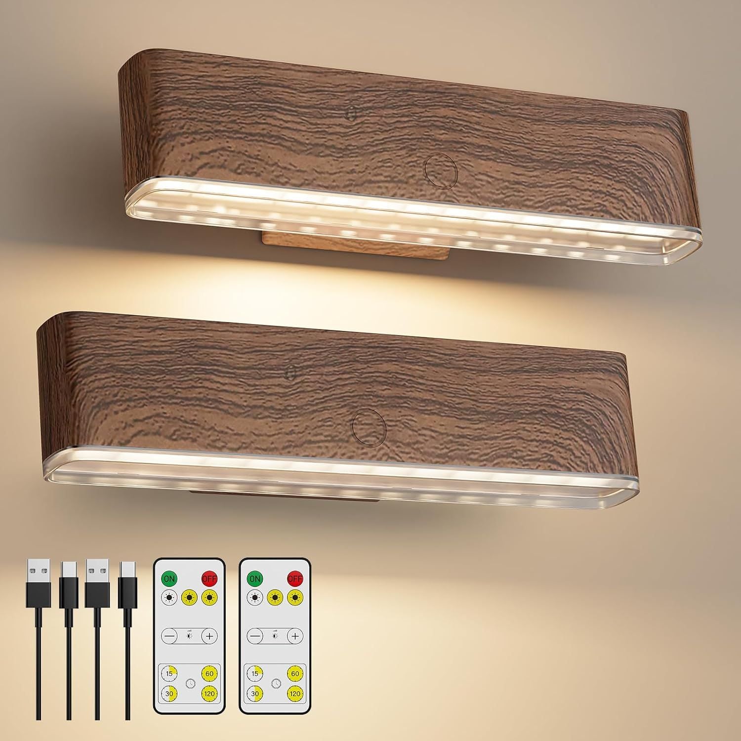 Magnetic Wireless Battery Operated Wall Sconce, Rechargeable Remote Control & Touch Control Wall Sconces Set of Two, 3-Color Temperatures LED Wall Lights, 360° Rotatable (Walnut, 2-Pack)