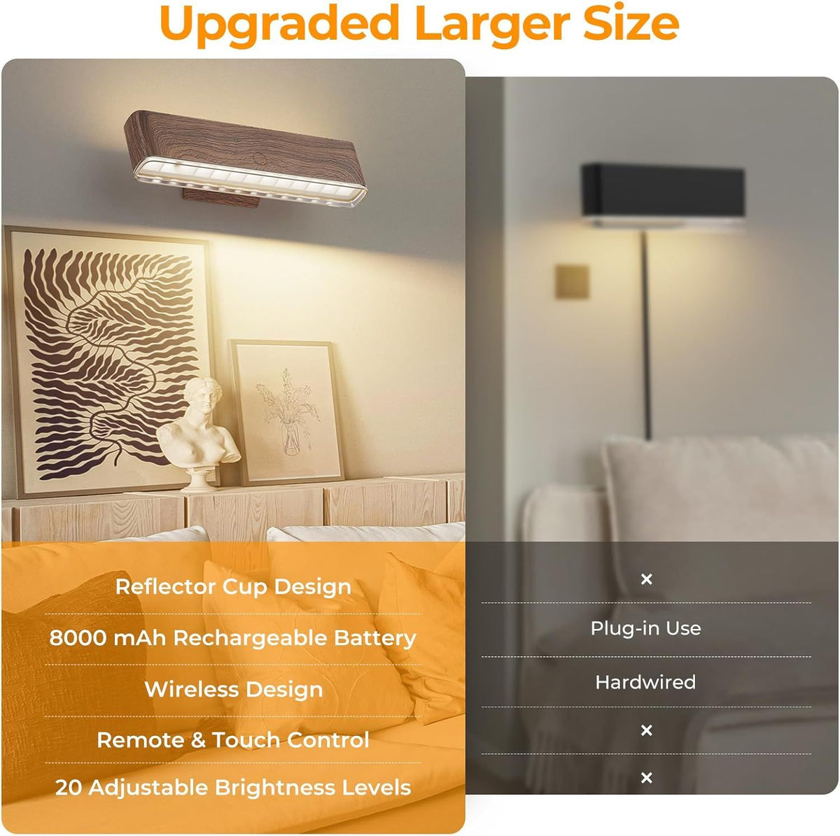 Magnetic Wireless Battery Operated Wall Sconce, Rechargeable Remote Control & Touch Control Wall Sconces Set of Two, 3-Color Temperatures LED Wall Lights, 360° Rotatable (Walnut, 2-Pack)