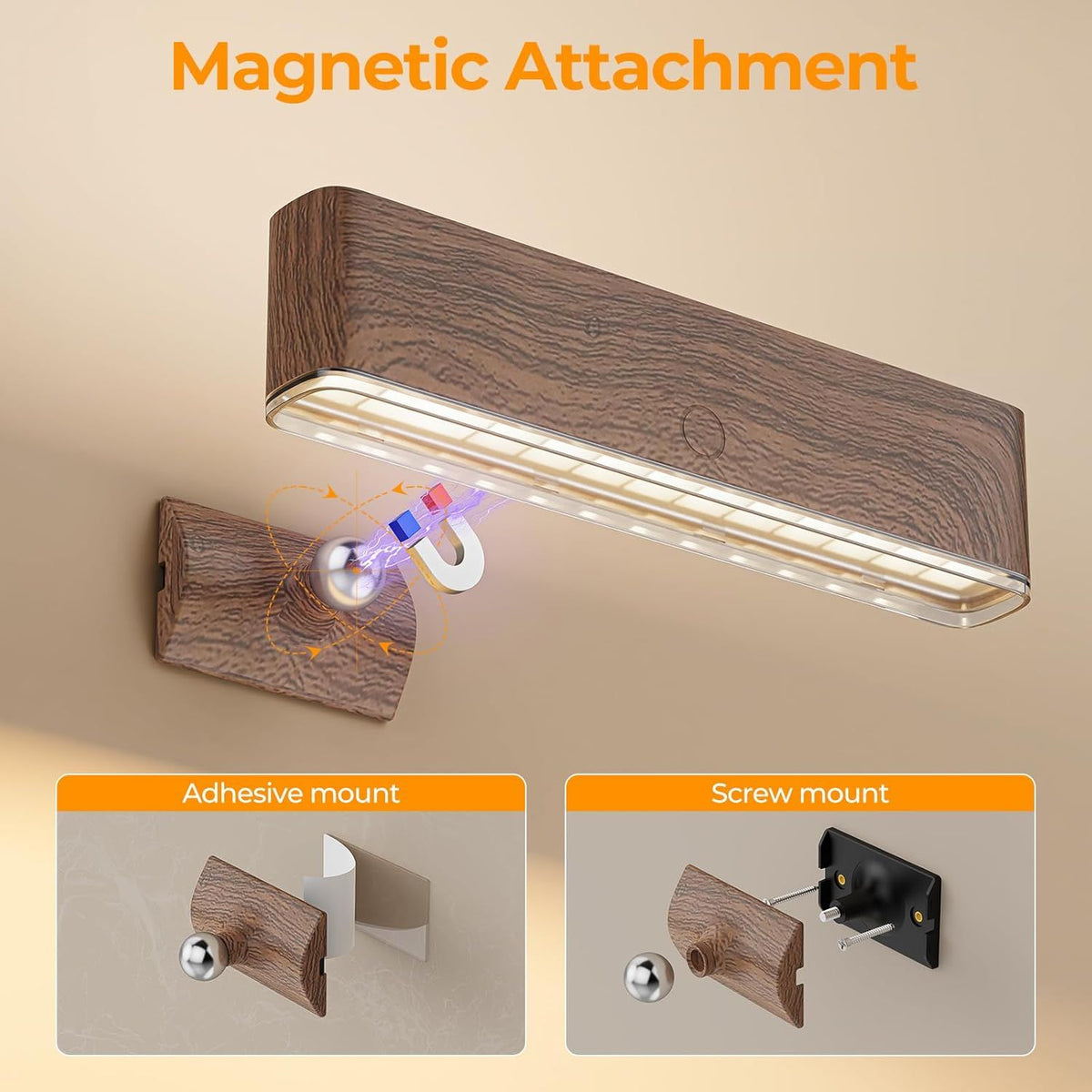 Magnetic Wireless Battery Operated Wall Sconce, Rechargeable Remote Control & Touch Control Wall Sconces Set of Two, 3-Color Temperatures LED Wall Lights, 360° Rotatable (Walnut, 2-Pack)