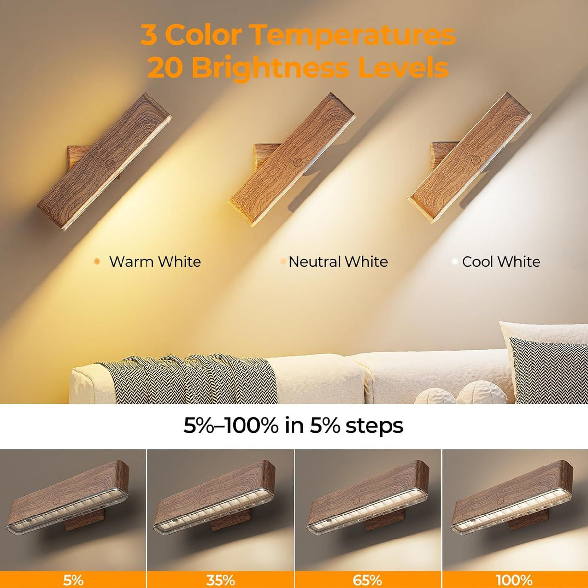 Magnetic Wireless Battery Operated Wall Sconce, Rechargeable Remote Control & Touch Control Wall Sconces Set of Two, 3-Color Temperatures LED Wall Lights, 360° Rotatable (Walnut, 2-Pack)