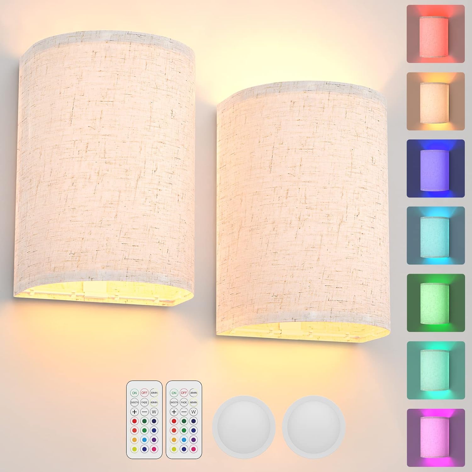 Battery Operated Wall Lights, 2 Pack Boho Decor with Remote Control, RGB Color Rustic Wall Sconces, Fabric Linen Shade Lighting