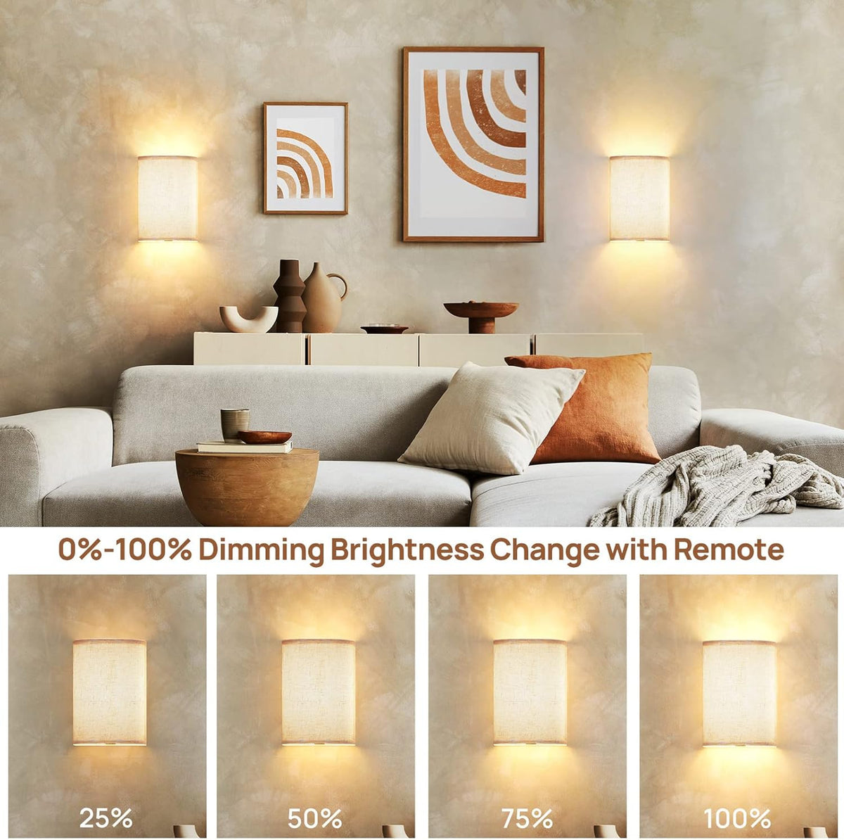 Battery Operated Wall Lights, 2 Pack Boho Decor with Remote Control, RGB Color Rustic Wall Sconces, Fabric Linen Shade Lighting