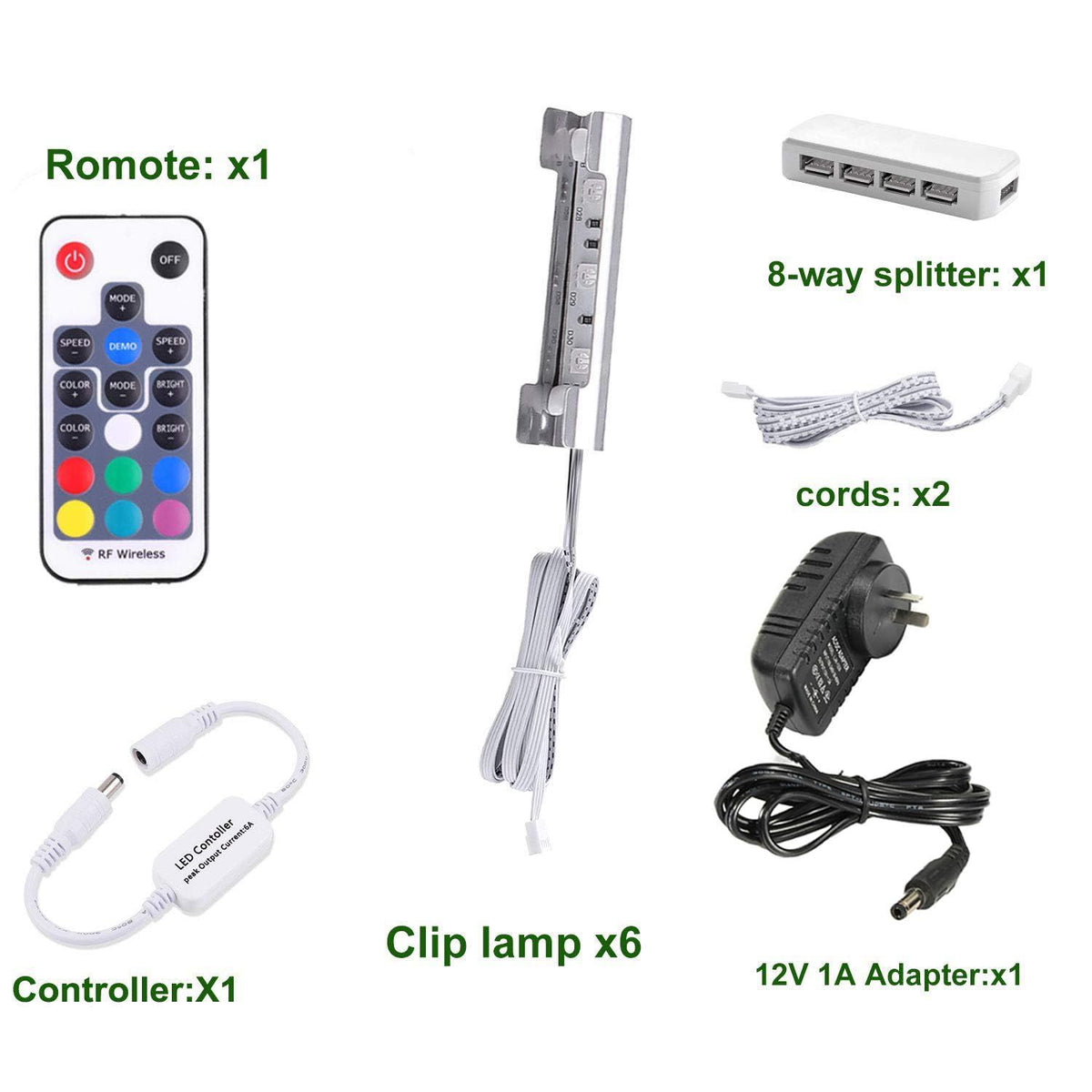 LED Under Cabinet Night Lights Kit for Glass Edge Shelf Back Side Lighting Using Flexible Cable and Clip with RF Remote(6 Lights RGB)