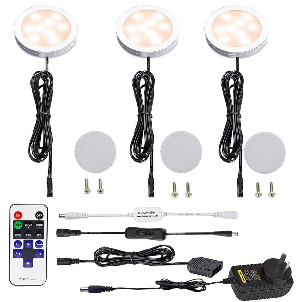 Dimmable LED Under Cabinet Lighting, Counter Showcase Kitchen Lighting Fixtures with 12V Plug in Adapter and Dimmable Wireless Remote Control, 3 Ultra Slim Puck Lights Kit (Warm White2700K)