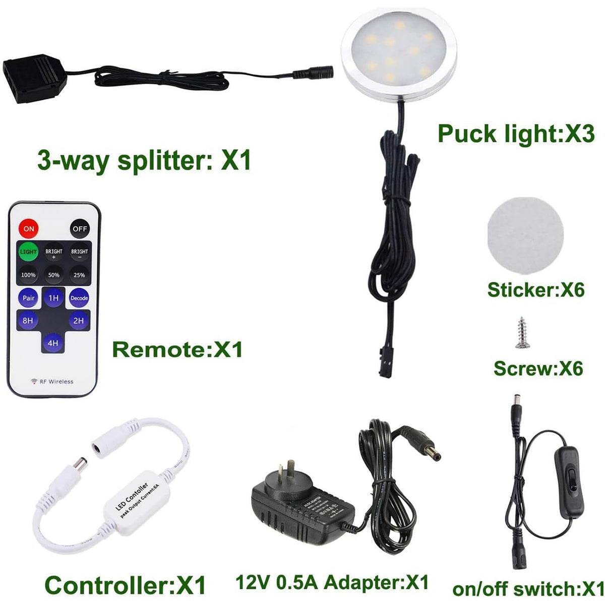 Dimmable LED Under Cabinet Lighting, Counter Showcase Kitchen Lighting Fixtures with 12V Plug in Adapter and Dimmable Wireless Remote Control, 3 Ultra Slim Puck Lights Kit (Warm White2700K)