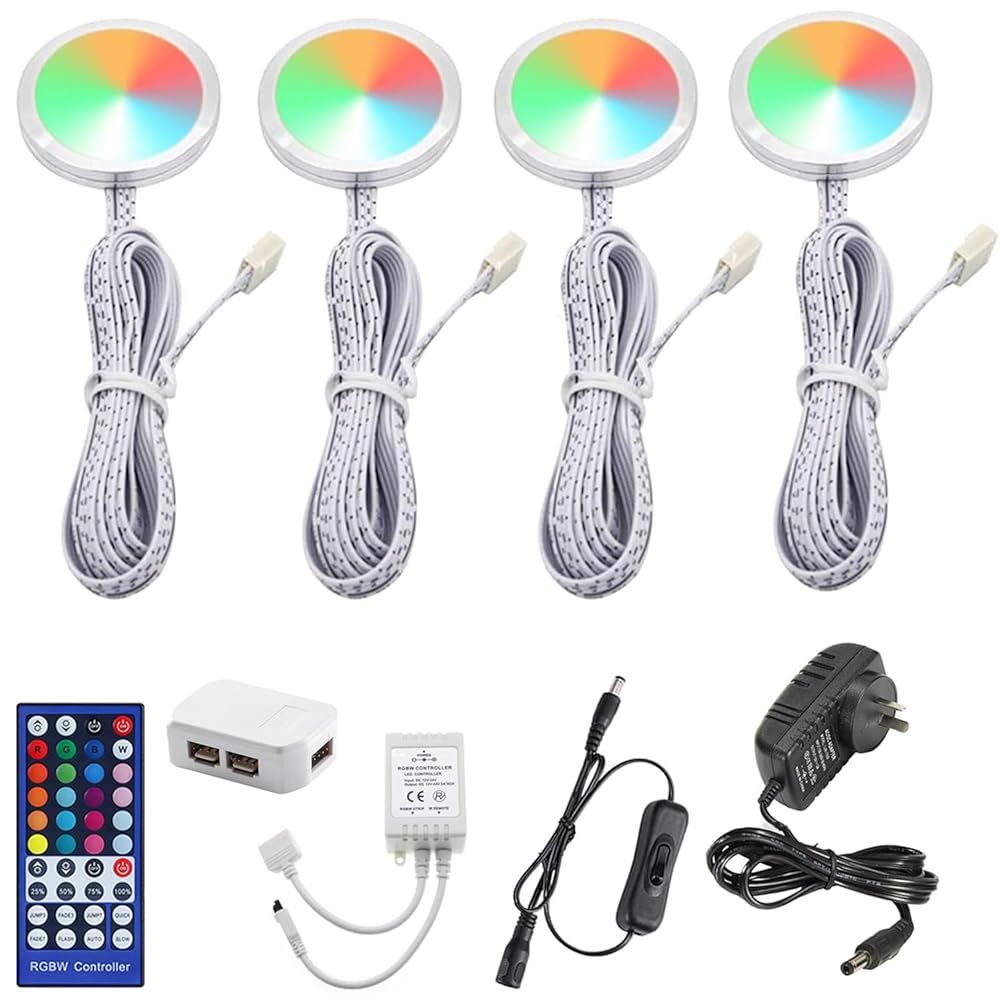 RGBWW RGB + Warm White Color Changing Christmas Xmas Under Cabinet LED Lights Kit IR Remote Puck Lights for Kitchen Counter Shelf Furniture Ambiance Lighting (RGBWW, 4 Lights, 12W)