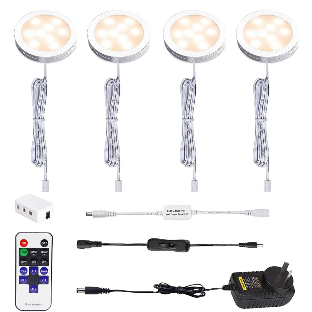 Dimmable LED Under Cabinet Lighting, Counter Showcase Kitchen Lighting Fixtures with 12V Plug in adapter and Dimmable Wireless Remote Control, 4 Ultra Slim Puck Lights Kit (Warm White)