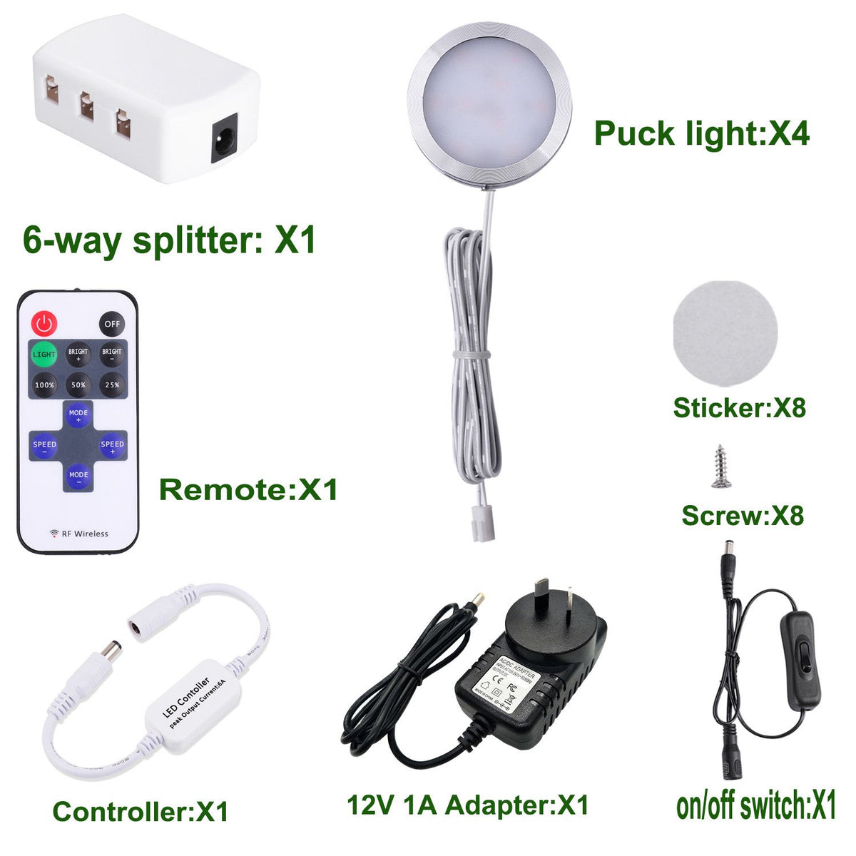 Dimmable LED Under Cabinet Lighting, Counter Showcase Kitchen Lighting Fixtures with 12V Plug in adapter and Dimmable Wireless Remote Control, 4 Ultra Slim Puck Lights Kit (Warm White)