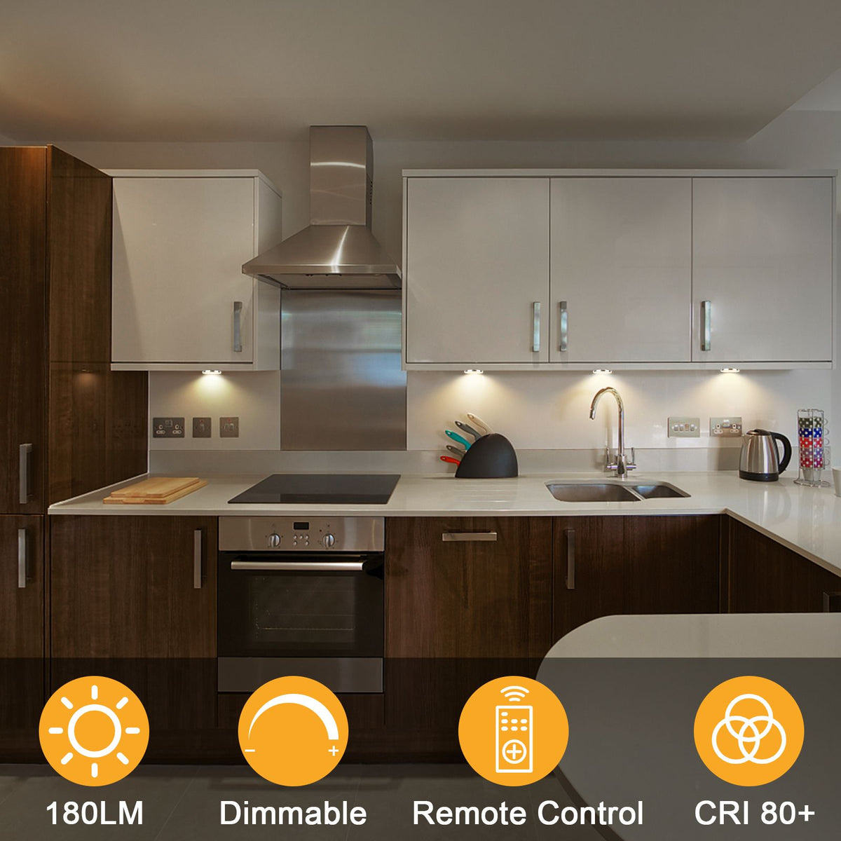 Dimmable LED Under Cabinet Lighting, Counter Showcase Kitchen Lighting Fixtures with 12V Plug in adapter and Dimmable Wireless Remote Control, 4 Ultra Slim Puck Lights Kit (Warm White)