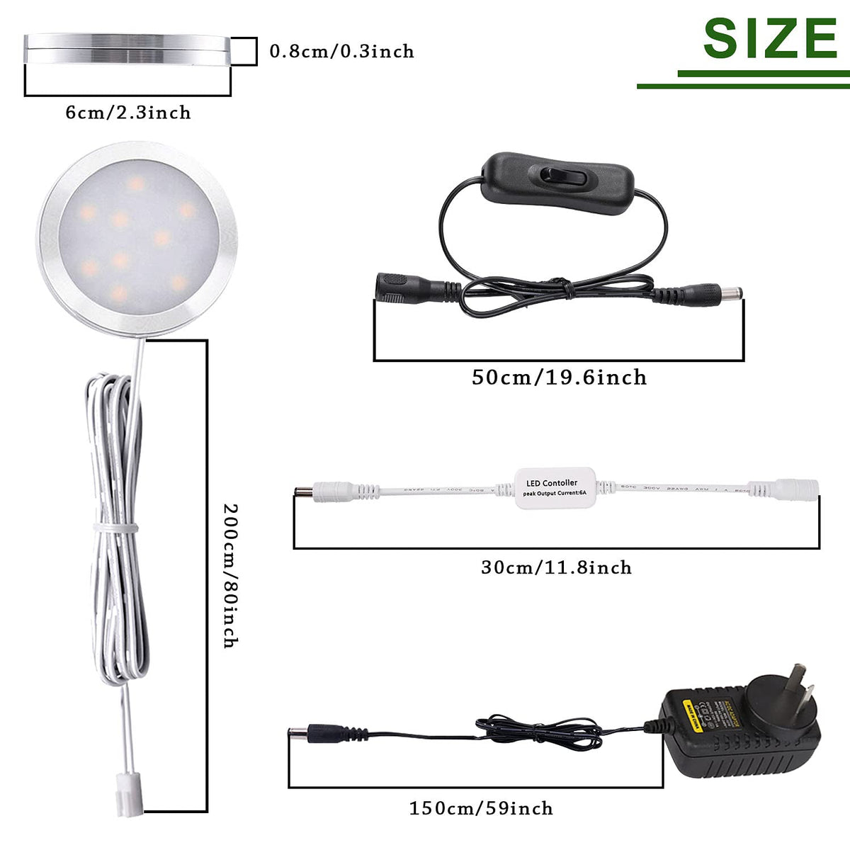Dimmable LED Under Cabinet Lighting, Counter Showcase Kitchen Lighting Fixtures with 12V Plug in Adapter and Dimmable Wireless Remote Control, 6 Ultra Slim Puck Lights Kit
