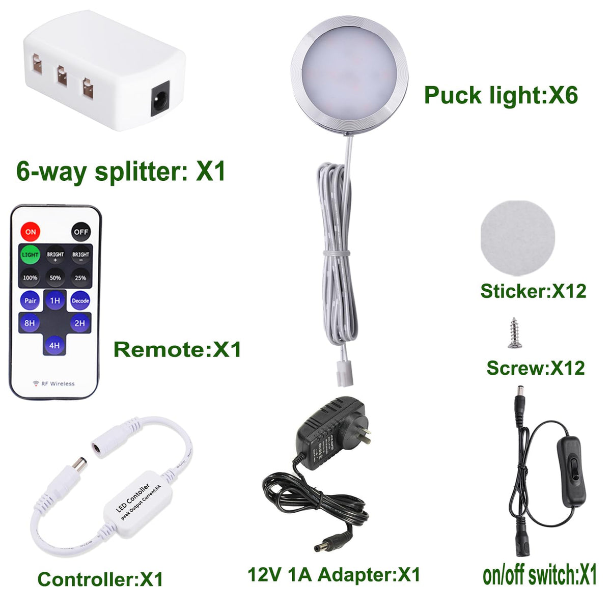 Dimmable LED Under Cabinet Lighting, Counter Showcase Kitchen Lighting Fixtures with 12V Plug in Adapter and Dimmable Wireless Remote Control, 6 Ultra Slim Puck Lights Kit (Daylight White)