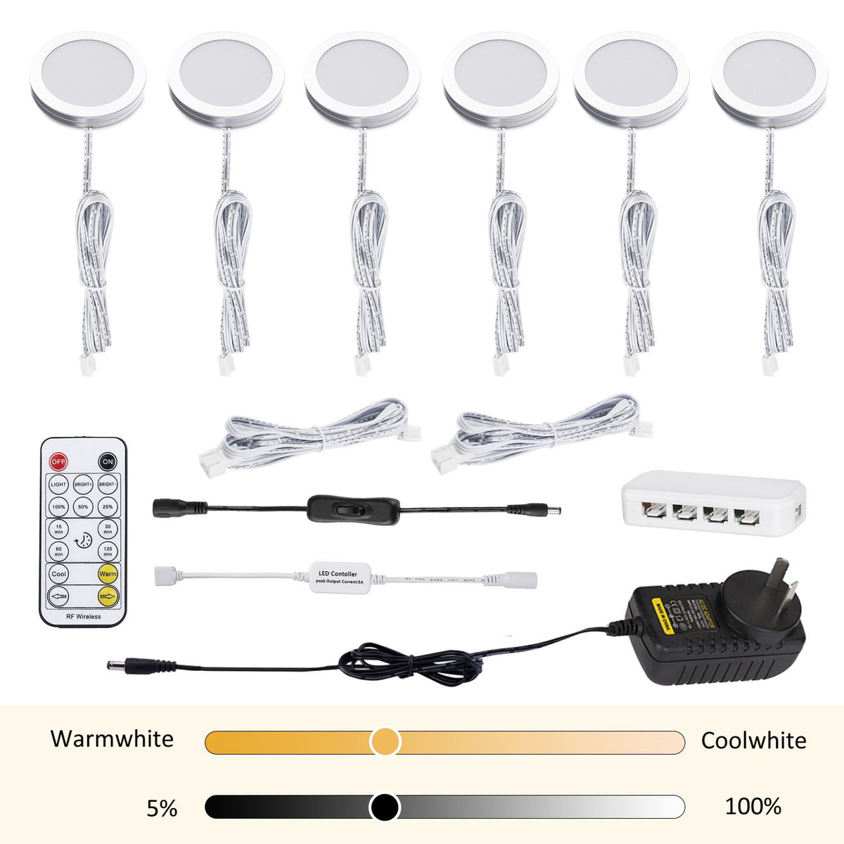 LED Under Cabinet Puck Lights, Color Temperature Changeable Under Counter Lighting，Warm+White Dual Color with Dimmable Controller for Kitchen Shelf Ambiance Accent Lighting (6 Lights)