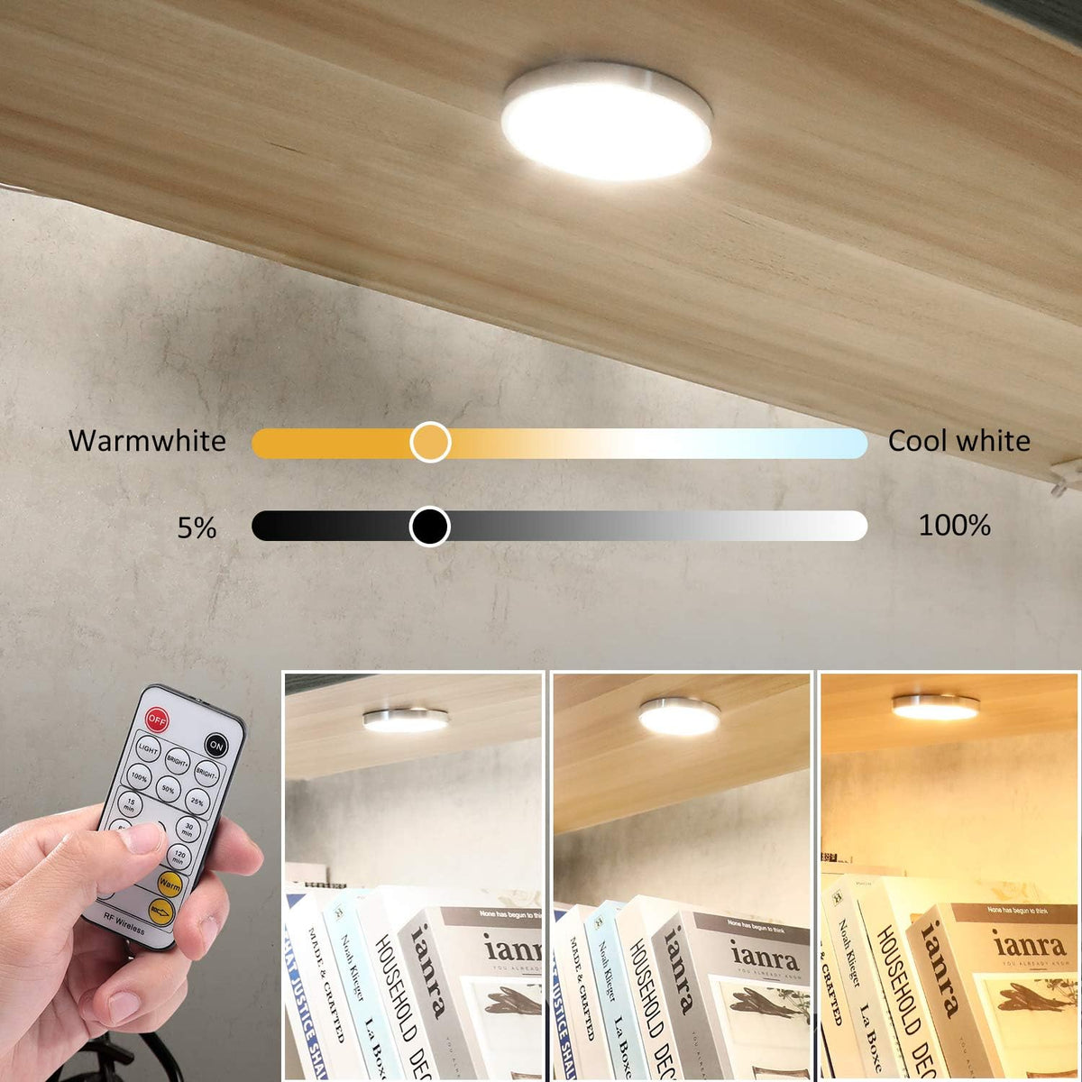 LED Under Cabinet Puck Lights CCT Light Color Temperature Adjustable Warm+White Double Color with Dimmable RF Remote Controller for Kitchen Shelf Ambiance Display Lighting (8 Lights, 24W)