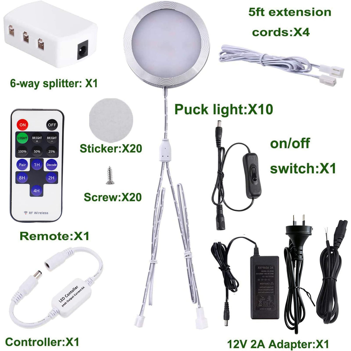 Linkable Under Cabinet LED Lighting 12V Dimmable Puck Lights with Wireless RF Remote Control, Hardwired & AU Wall Plug in for Furniture Cupboard Lighting(10 Lights, Natural White 4000K)