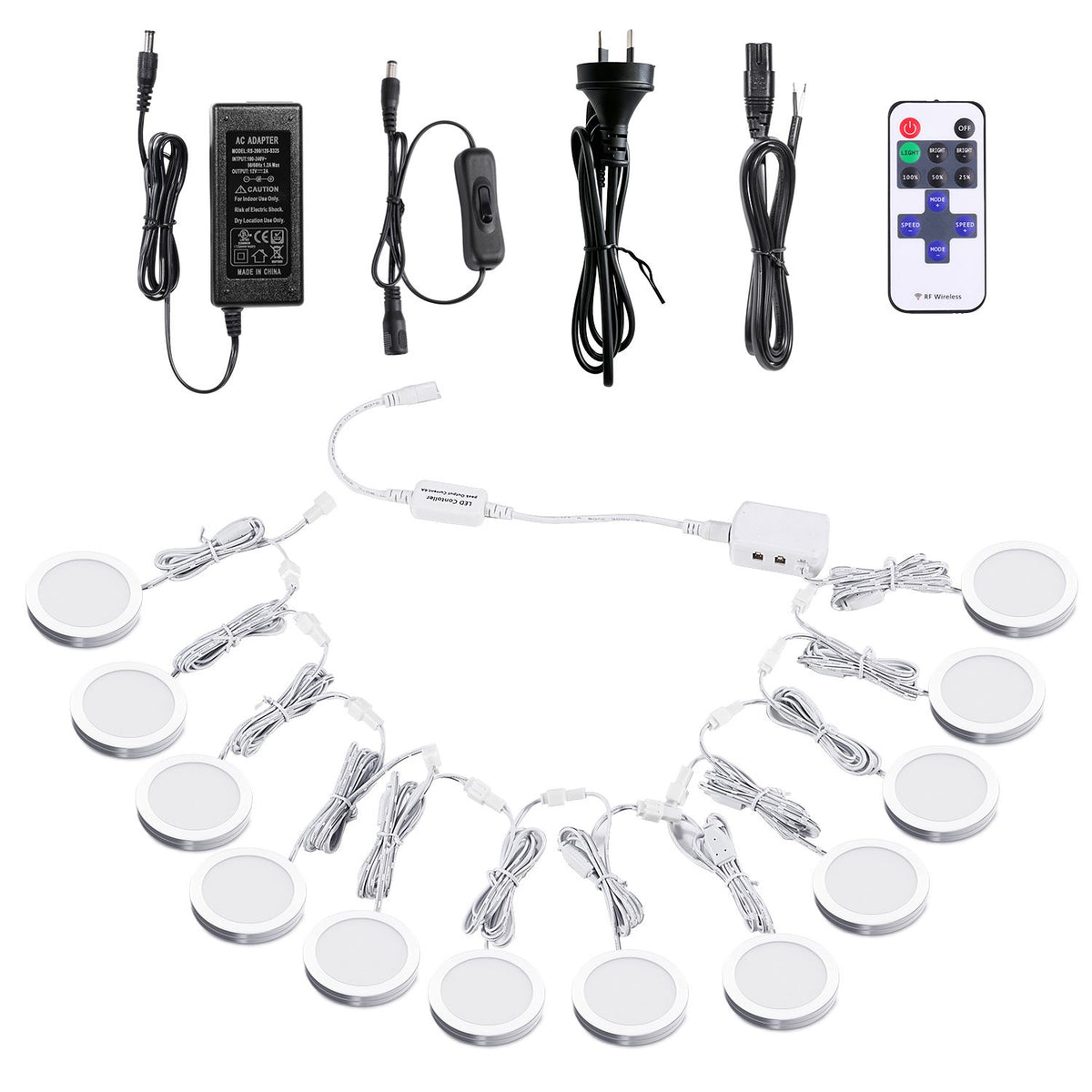 Linkable Under Cabinet LED Lighting 12V Dimmable Puck Lights with Wireless RF Remote Control, Hardwired & AU Wall Plug in for Kitchen Mood Lighting (4000K Natural White, 12 Lights Kit)