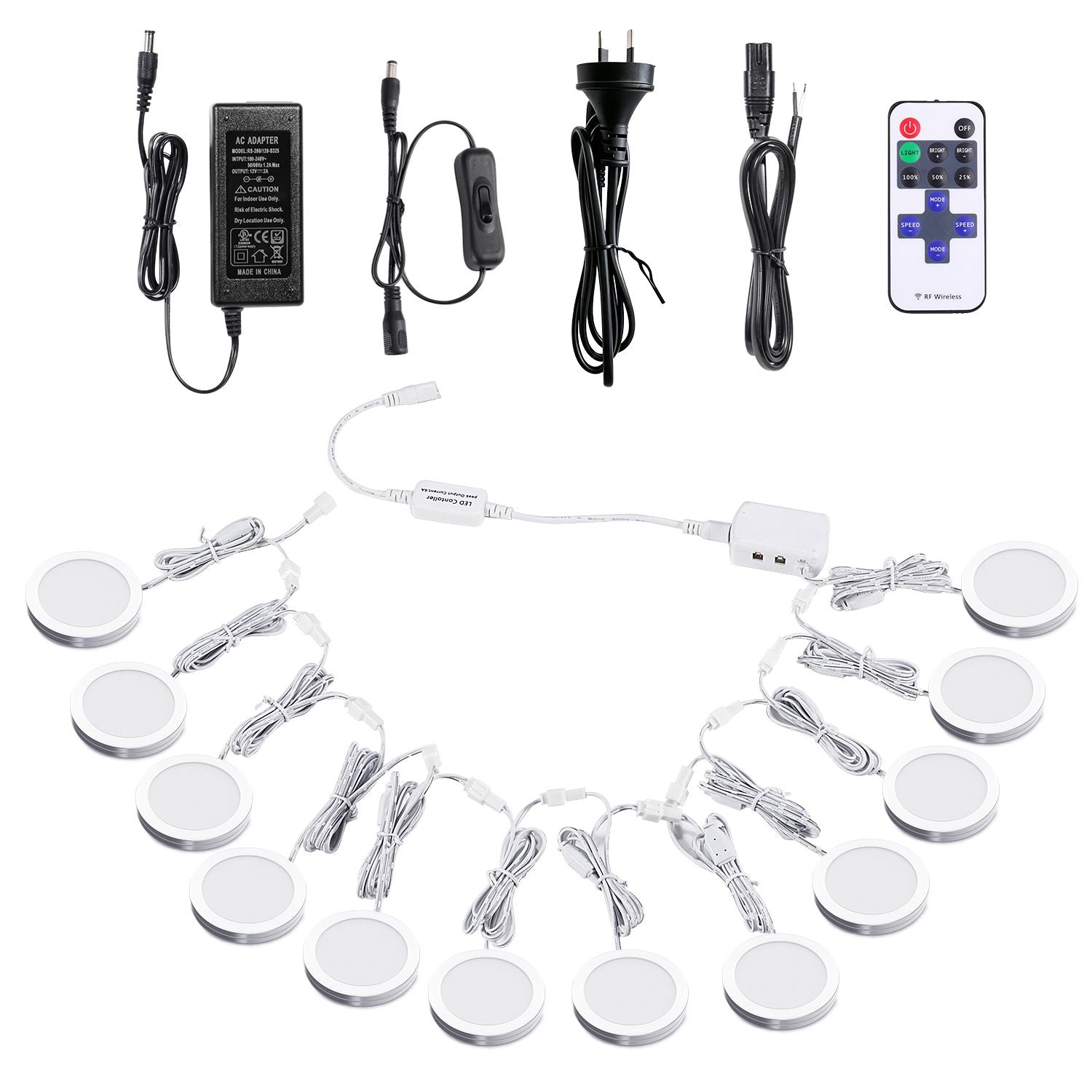 Linkable Under Cabinet LED Lighting 12V Dimmable Puck Lights with Wireless RF Remote Control, Hardwired & AU Wall Plug in for Kitchen Mood Lighting (4000K Natural White, 12 Lights Kit)