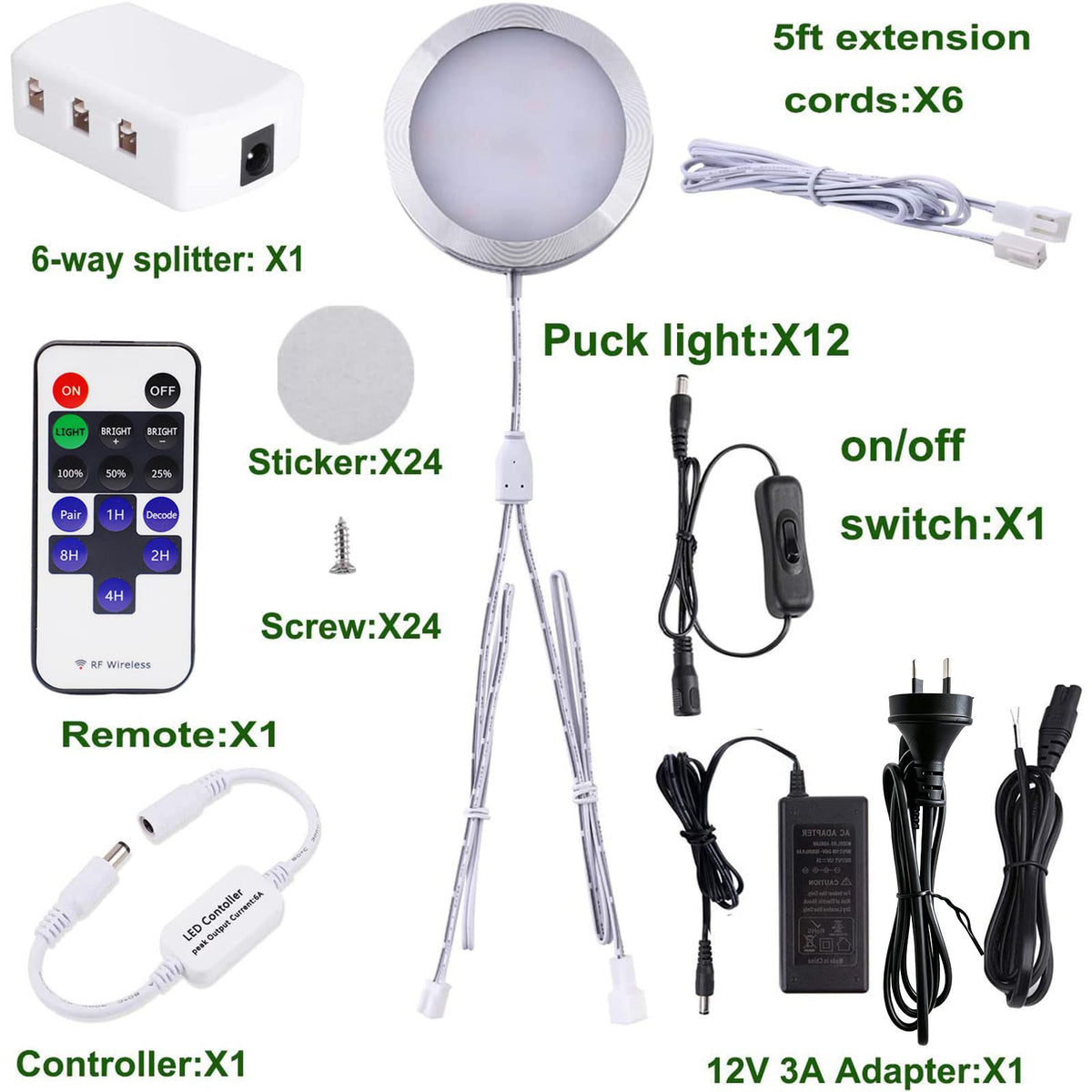 Linkable Under Cabinet LED Lighting 12V Dimmable Puck Lights with Wireless RF Remote Control, Hardwired & AU Wall Plug in for Kitchen Mood Lighting (4000K Natural White, 12 Lights Kit)