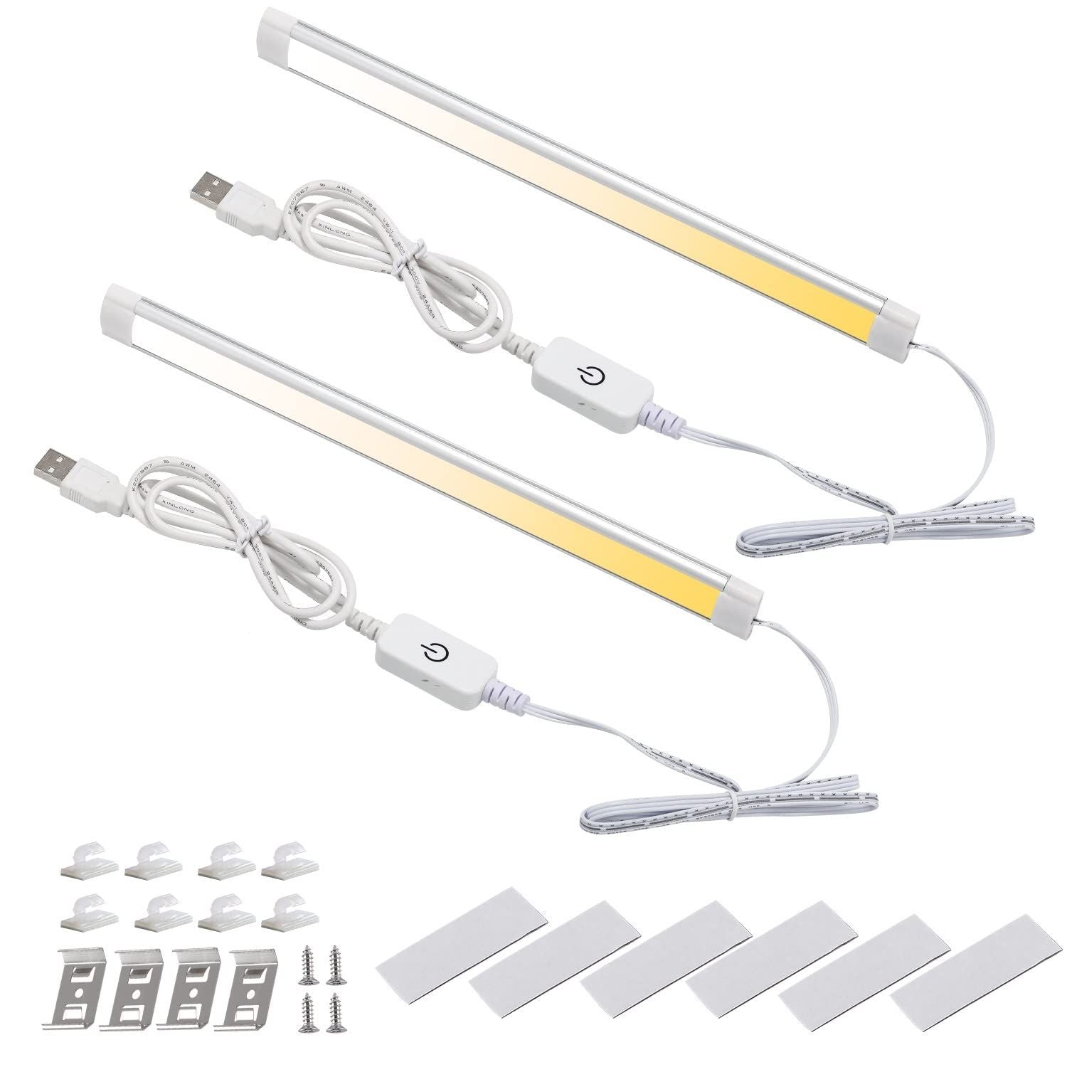 Dimmable LED Under Cabinet Lighting,5V USB Powered Closet Light Bar with Touch Sensor,Plug Under Counter Strip Lights with 3 Color Temperature for Kitchen Cupboard Shelf Bookcase (11.2inch 2PACK)