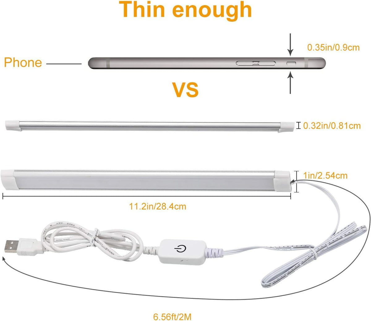 Dimmable LED Under Cabinet Lighting,5V USB Powered Closet Light Bar with Touch Sensor,Plug Under Counter Strip Lights with 3 Color Temperature for Kitchen Cupboard Shelf Bookcase (11.2inch 2PACK)