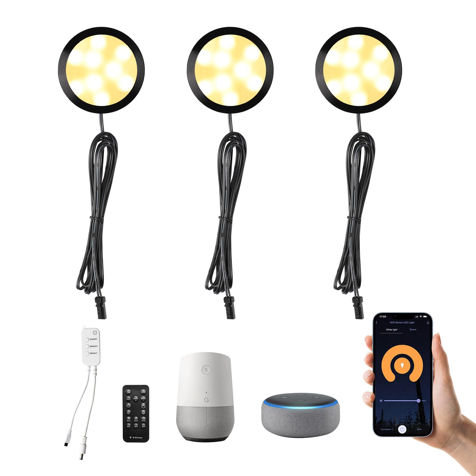 3 Pack Smart Under Cabinet Lights Hardwired,Dimmable LED Light for Kitchen Under Cabinet with Alexa Google Remote APP Control for Under Counter Lights for Cabinet Closets(Warm White)
